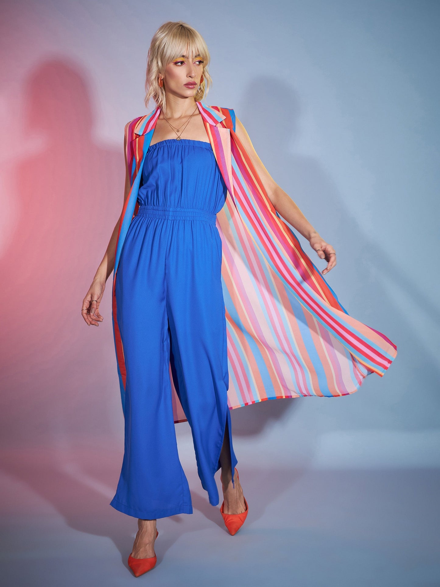 Blue Bardot Jumpsuit With Multi Stripe Shrug
