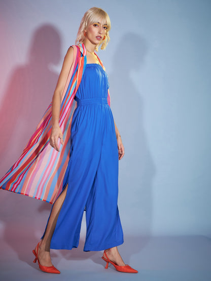 Blue Bardot Jumpsuit With Multi Stripe Shrug