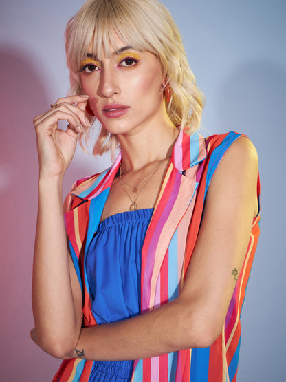 Blue Bardot Jumpsuit With Multi Stripe Shrug