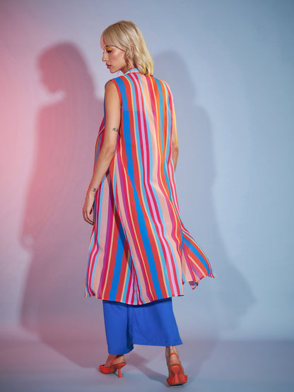 Blue Bardot Jumpsuit With Multi Stripe Shrug