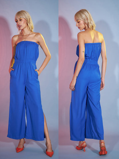 Blue Bardot Jumpsuit With Multi Stripe Shrug