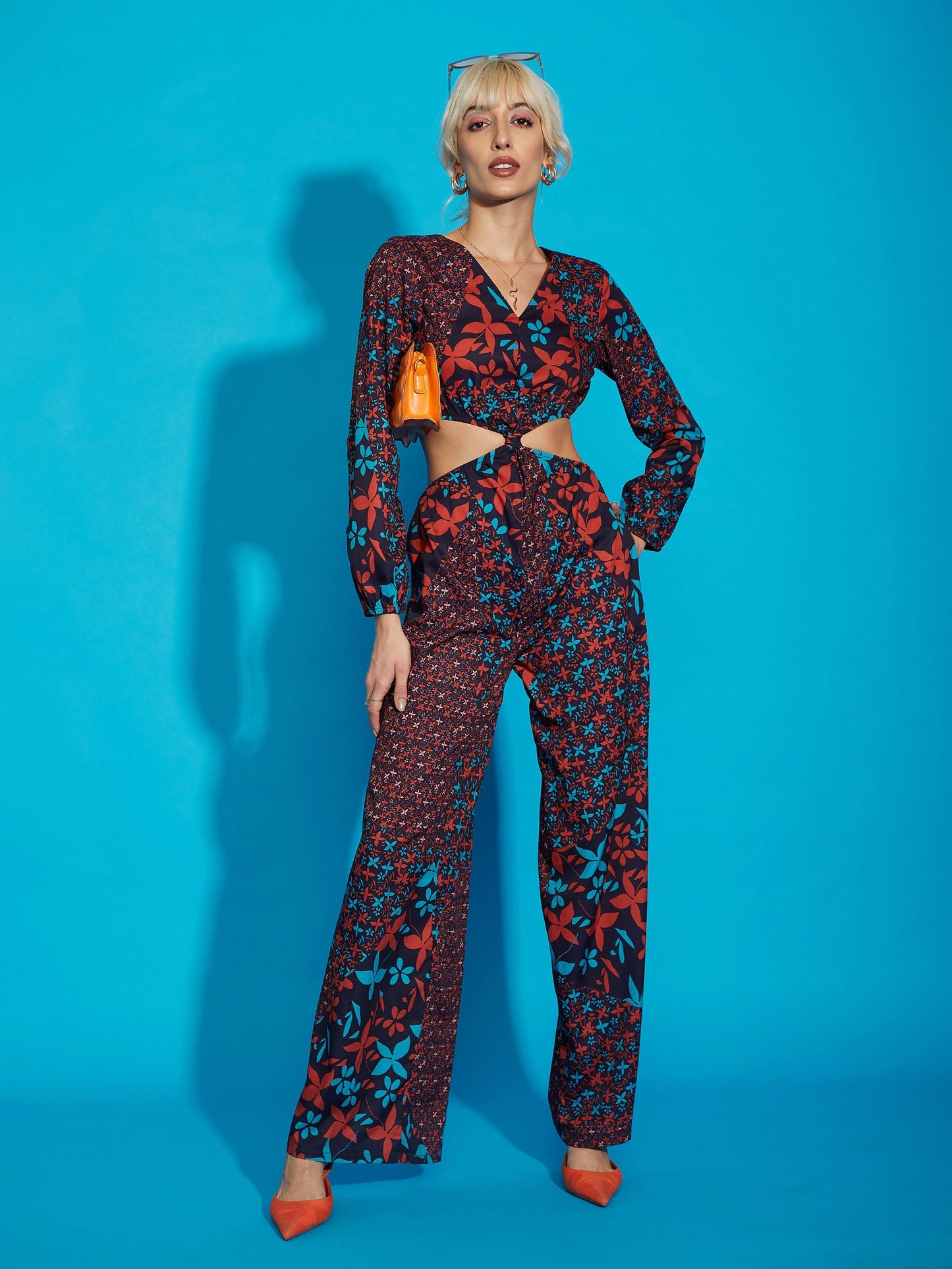 Navy Floral Twisted Waist Cut Out Jumpsuit