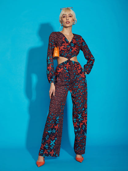 Navy Floral Twisted Waist Cut Out Jumpsuit