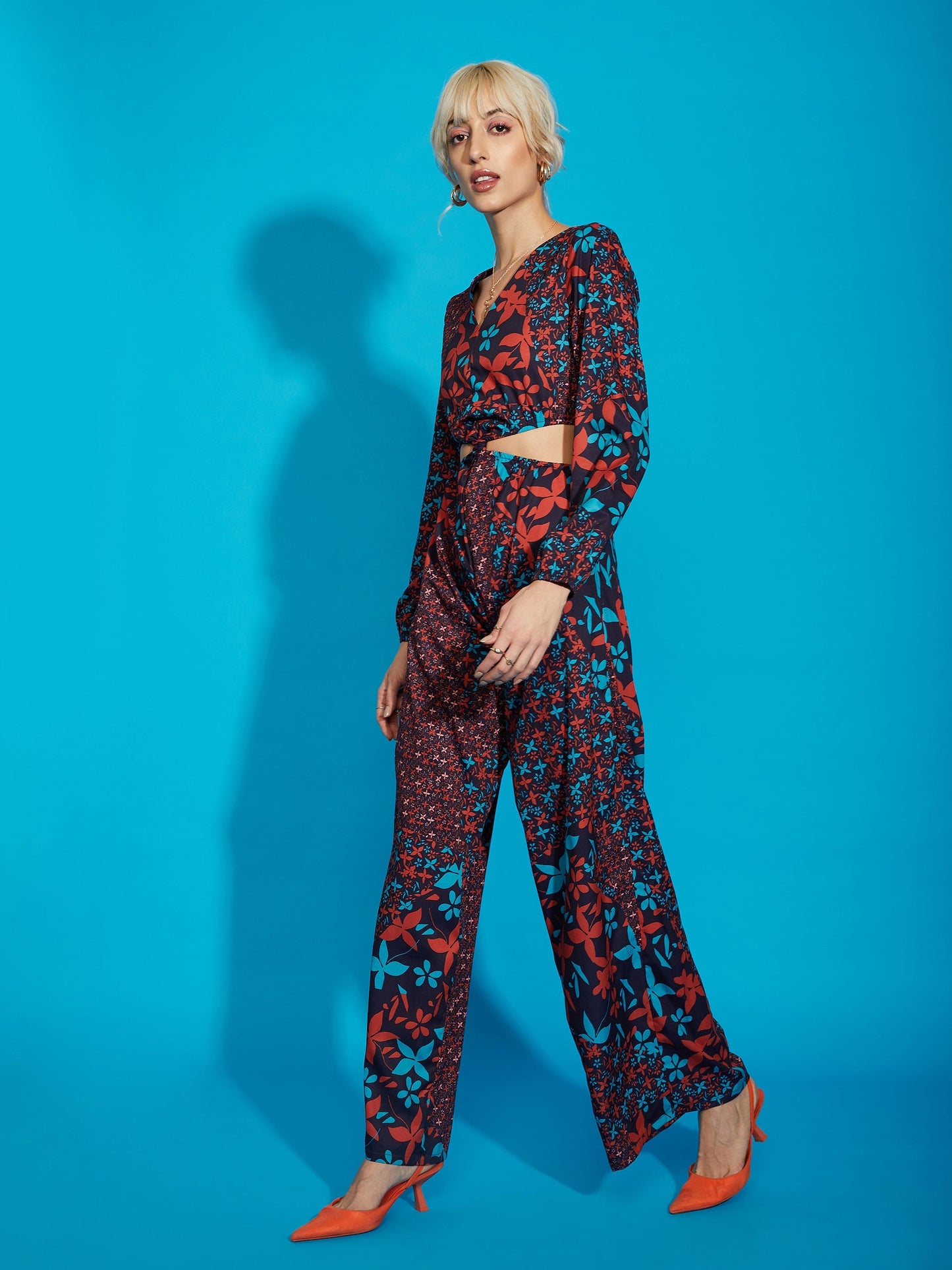 Navy Floral Twisted Waist Cut Out Jumpsuit