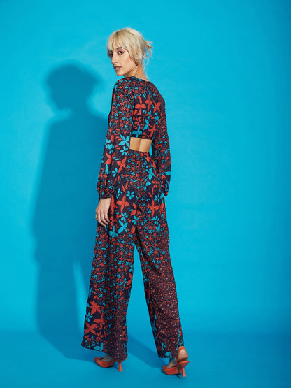 Navy Floral Twisted Waist Cut Out Jumpsuit