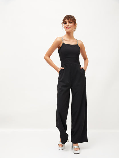 Black Diamante Strap Detail Jumpsuit