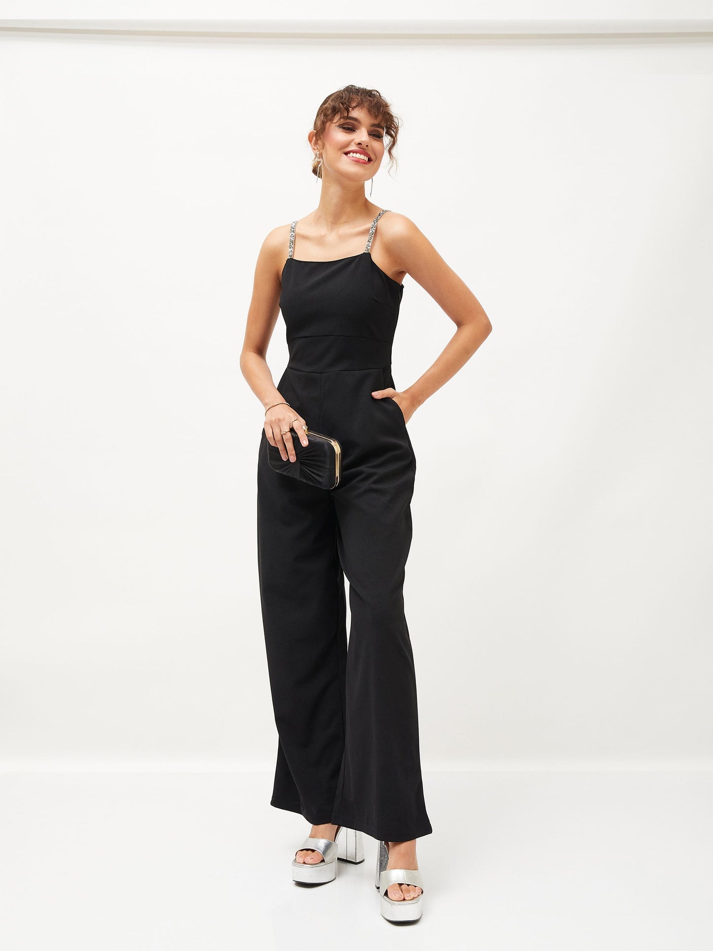 Black Diamante Strap Detail Jumpsuit