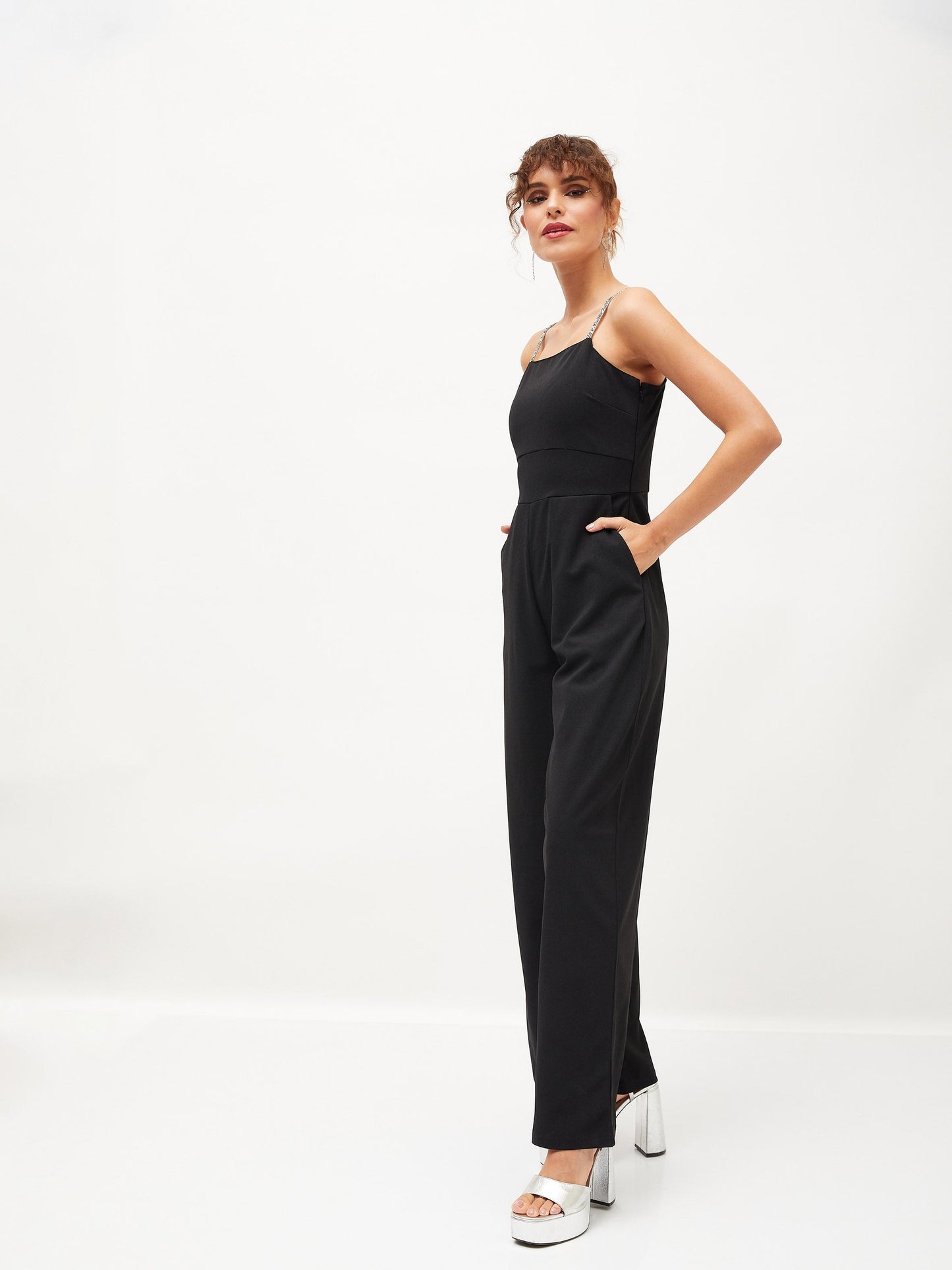 Black Diamante Strap Detail Jumpsuit