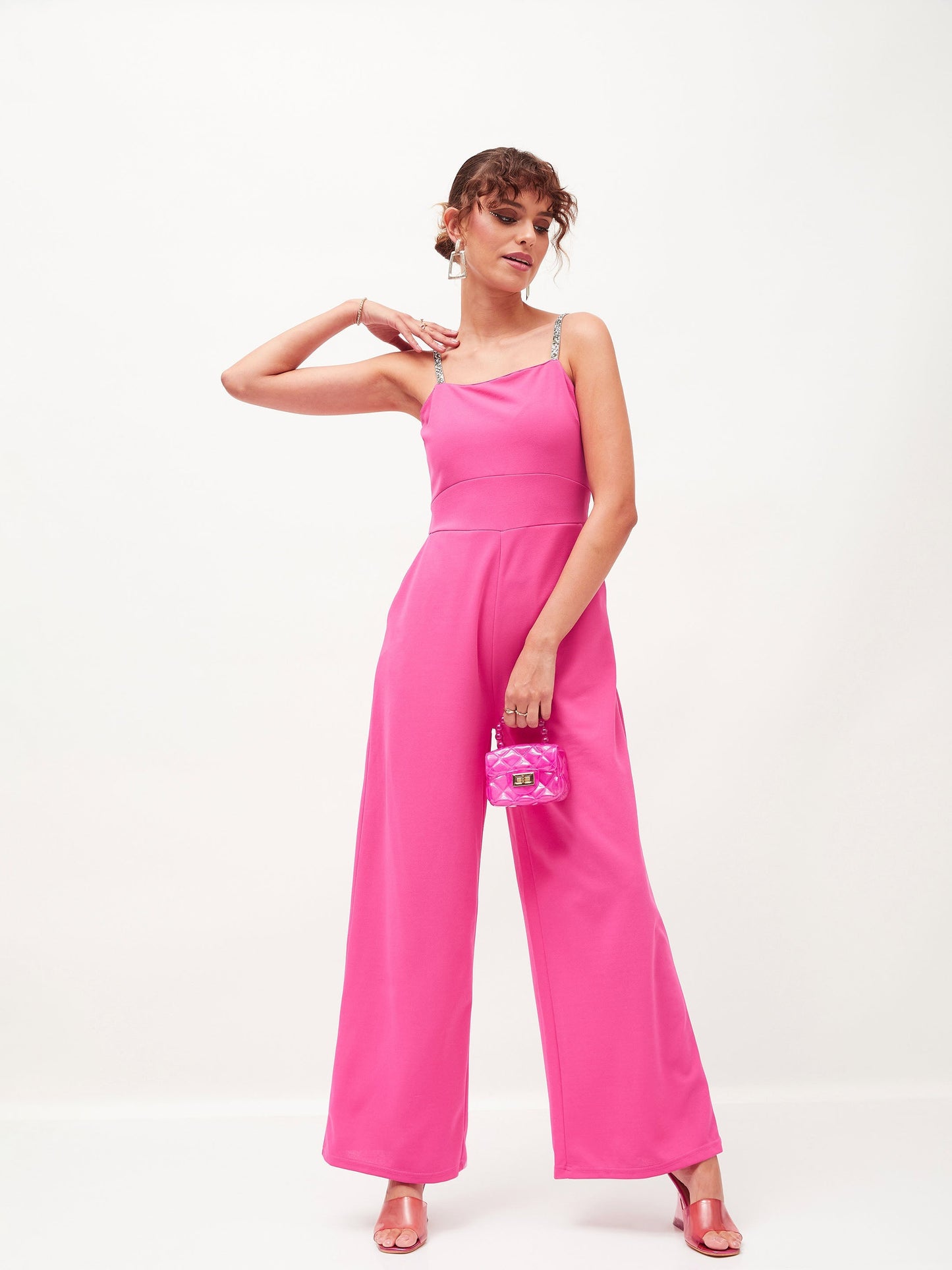 Pink Diamante Strap Detail Jumpsuit