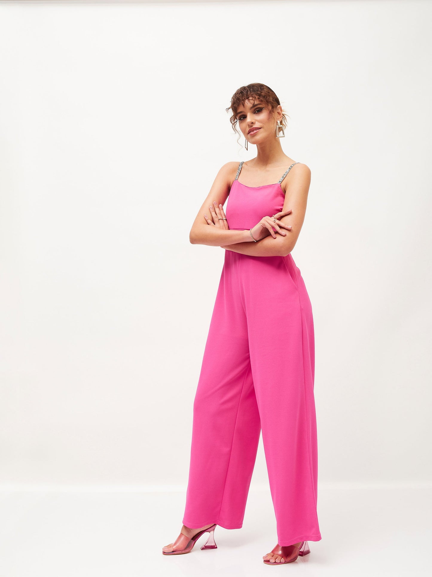 Pink Diamante Strap Detail Jumpsuit