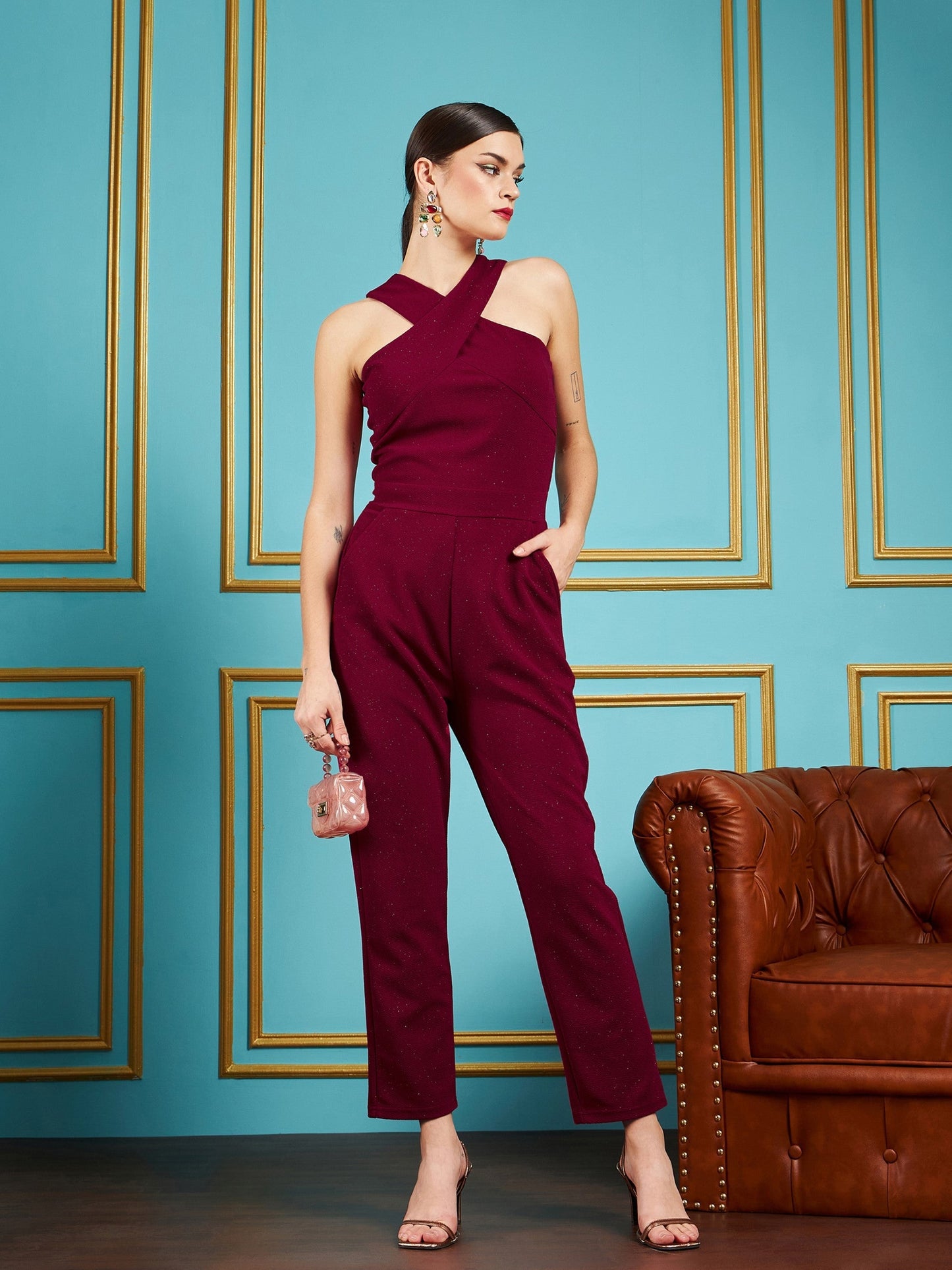 Women Maroon Glitter Halter Neck Tapered Jumpsuit