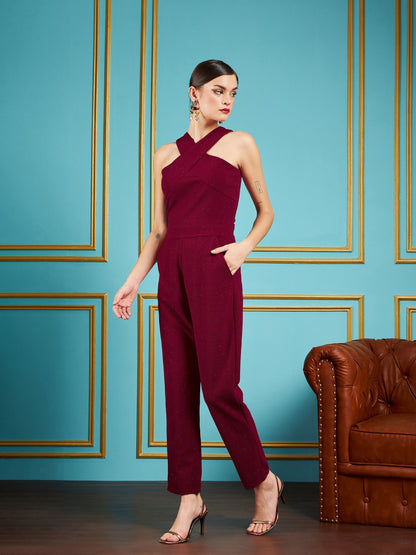 Women Maroon Glitter Halter Neck Tapered Jumpsuit