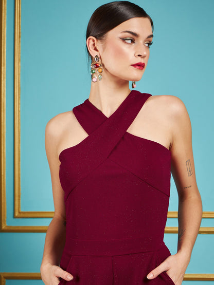 Women Maroon Glitter Halter Neck Tapered Jumpsuit