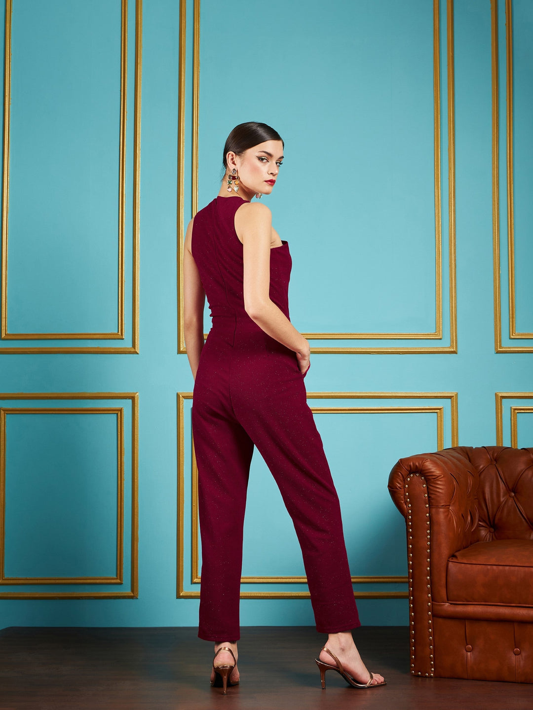 Women Maroon Glitter Halter Neck Tapered Jumpsuit