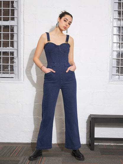 Navy Denim Sweatheart Strappy Corset Jumpsuit