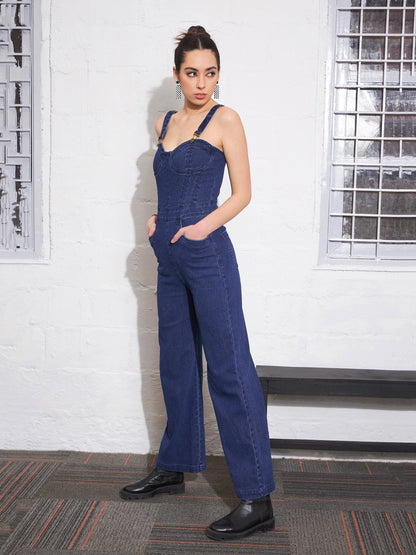 Navy Denim Sweatheart Strappy Corset Jumpsuit