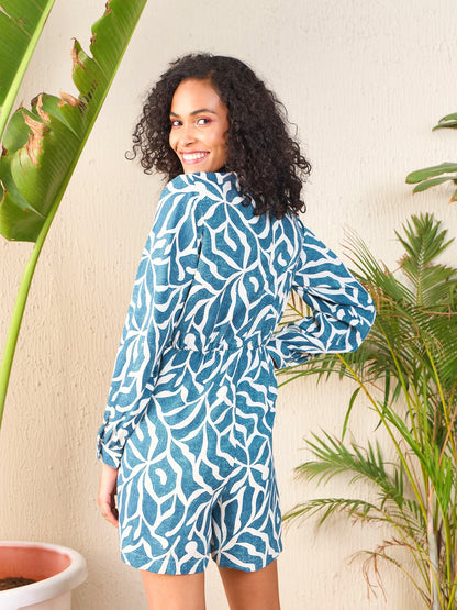 Teal Abstract Print Front Keyhole Romper