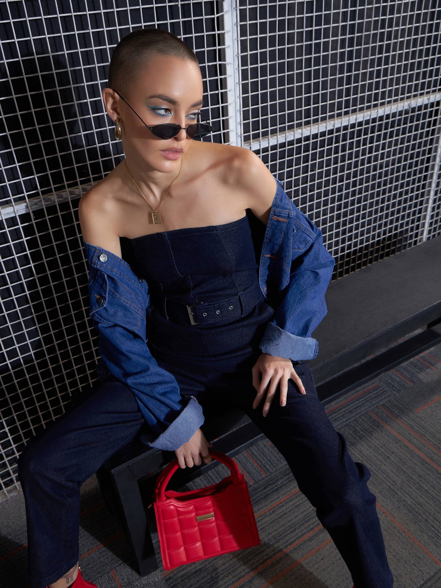 Navy Blue Off-Shoulder Belted Jumpsuit