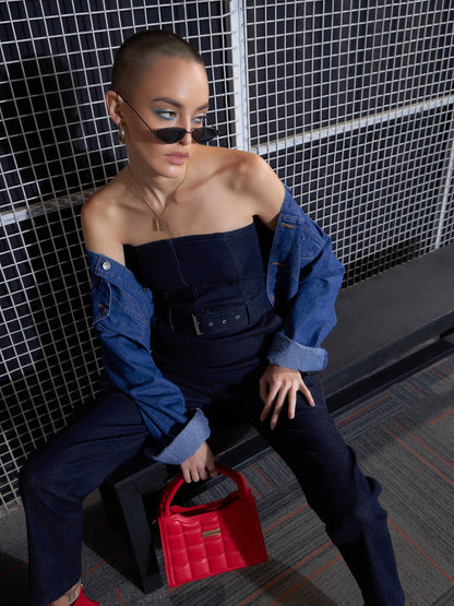Navy Blue Off-Shoulder Belted Jumpsuit