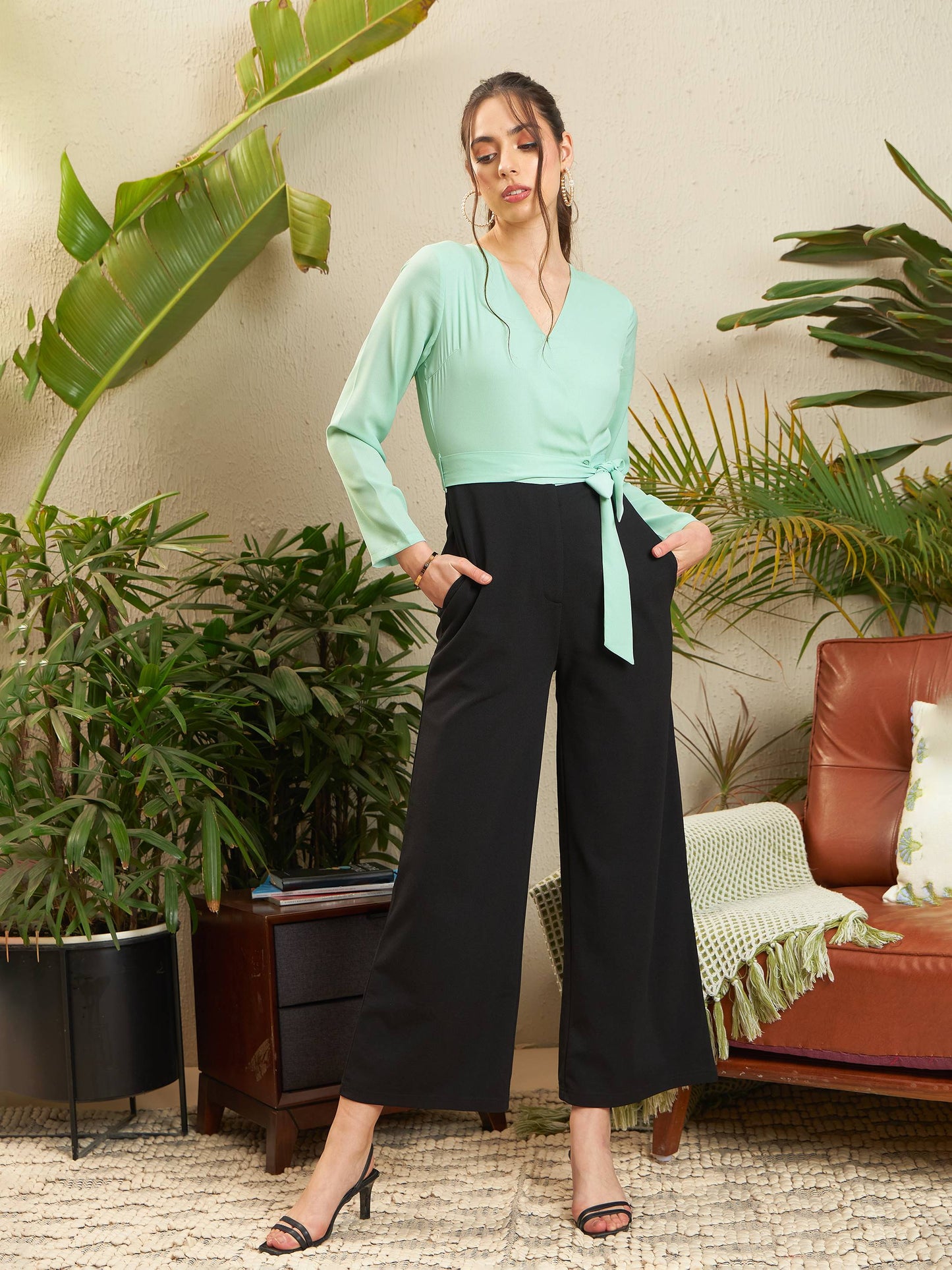 Sea Green & Black V Neck Belted Wrap Jumpsuit