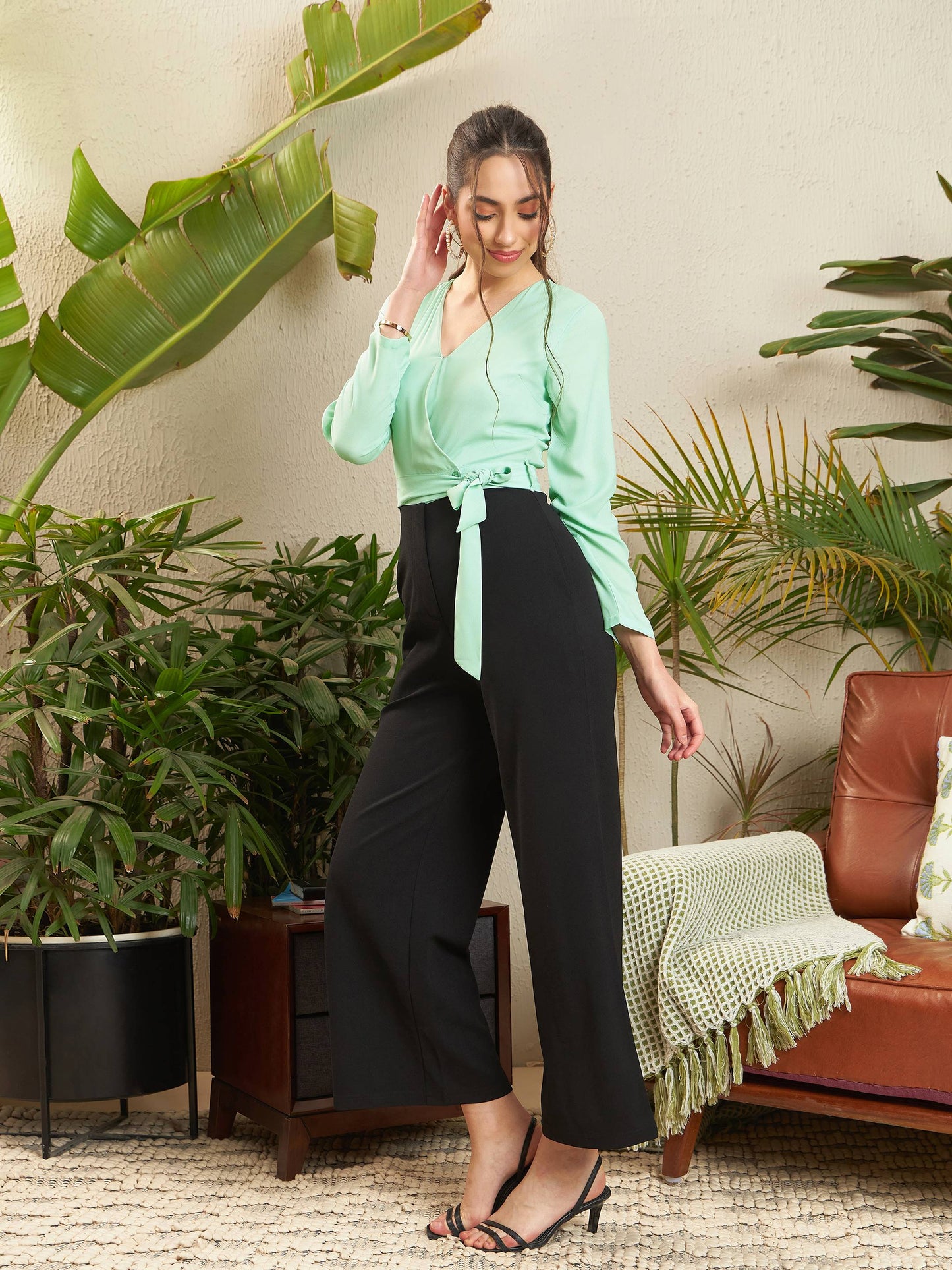 Sea Green & Black V Neck Belted Wrap Jumpsuit