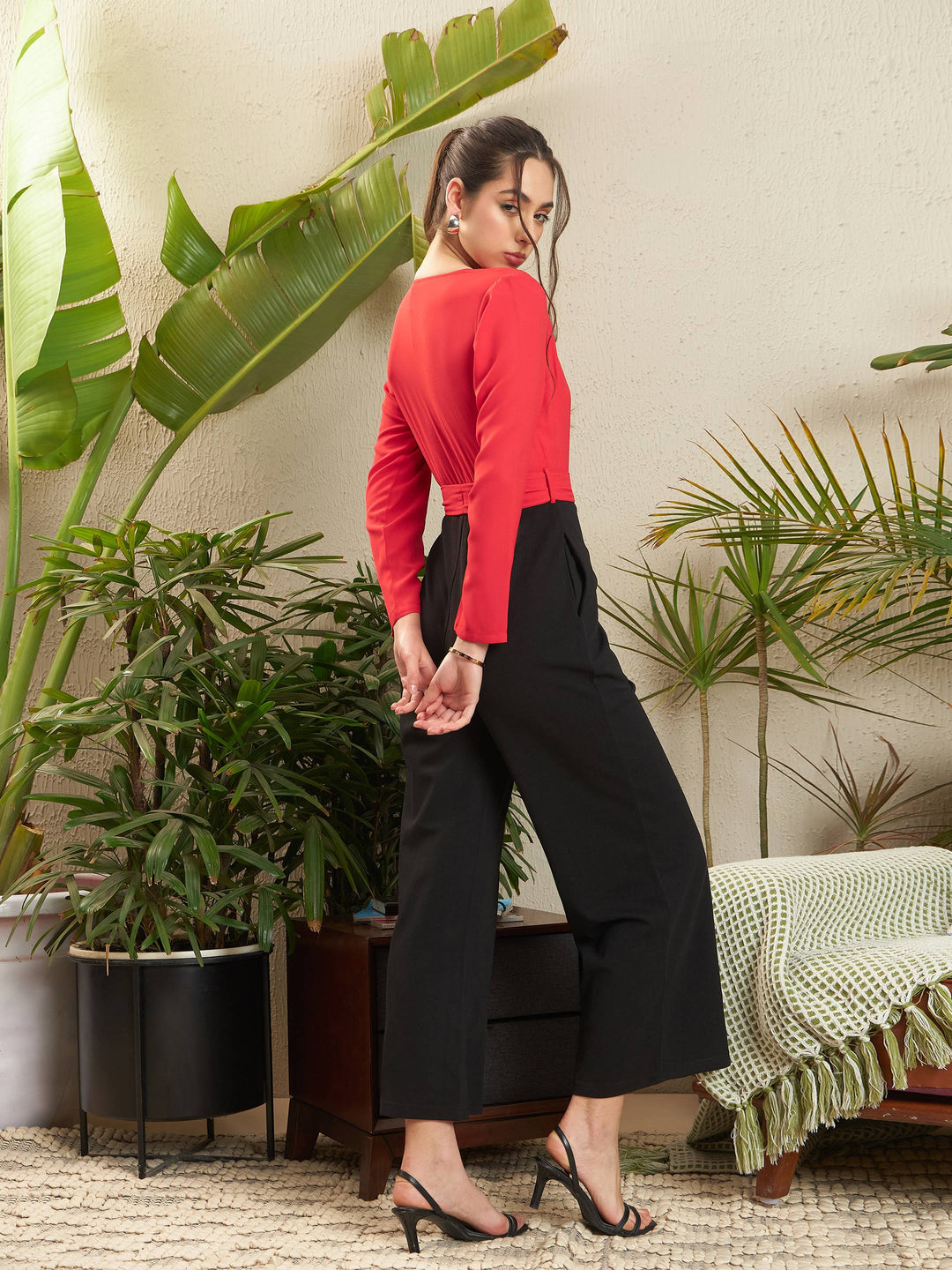 Women Red &amp; Black V Neck Belted Wrap Jumpsuit