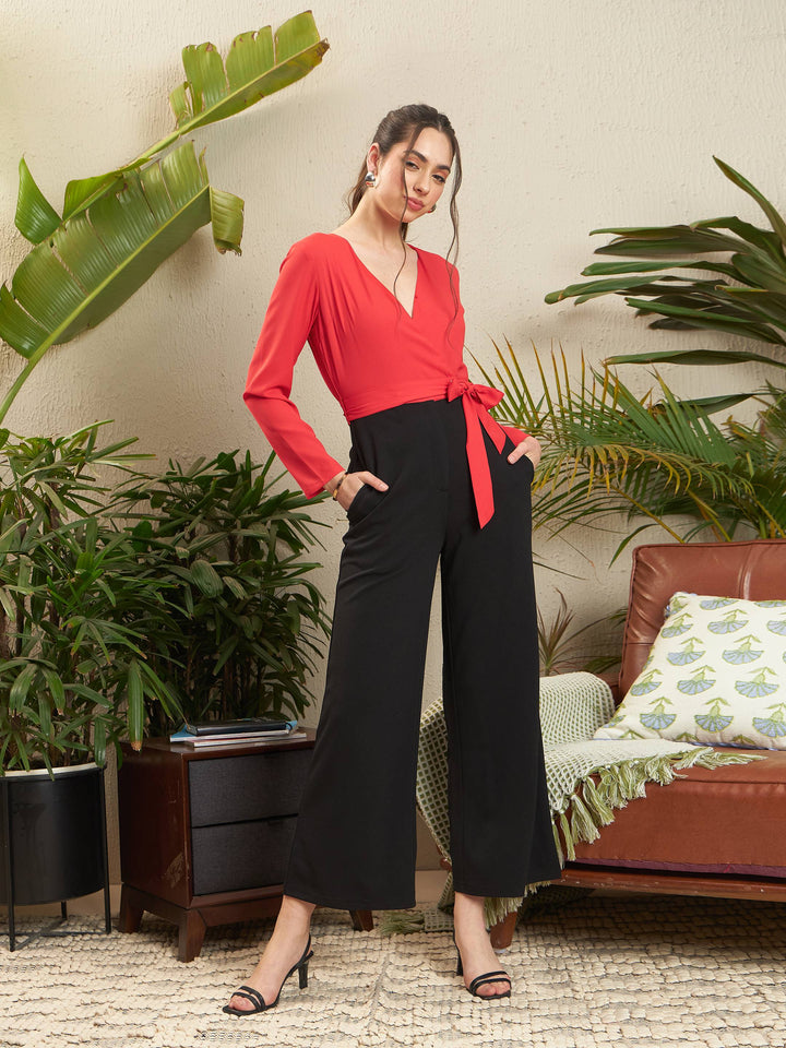 Women Red &amp; Black V Neck Belted Wrap Jumpsuit