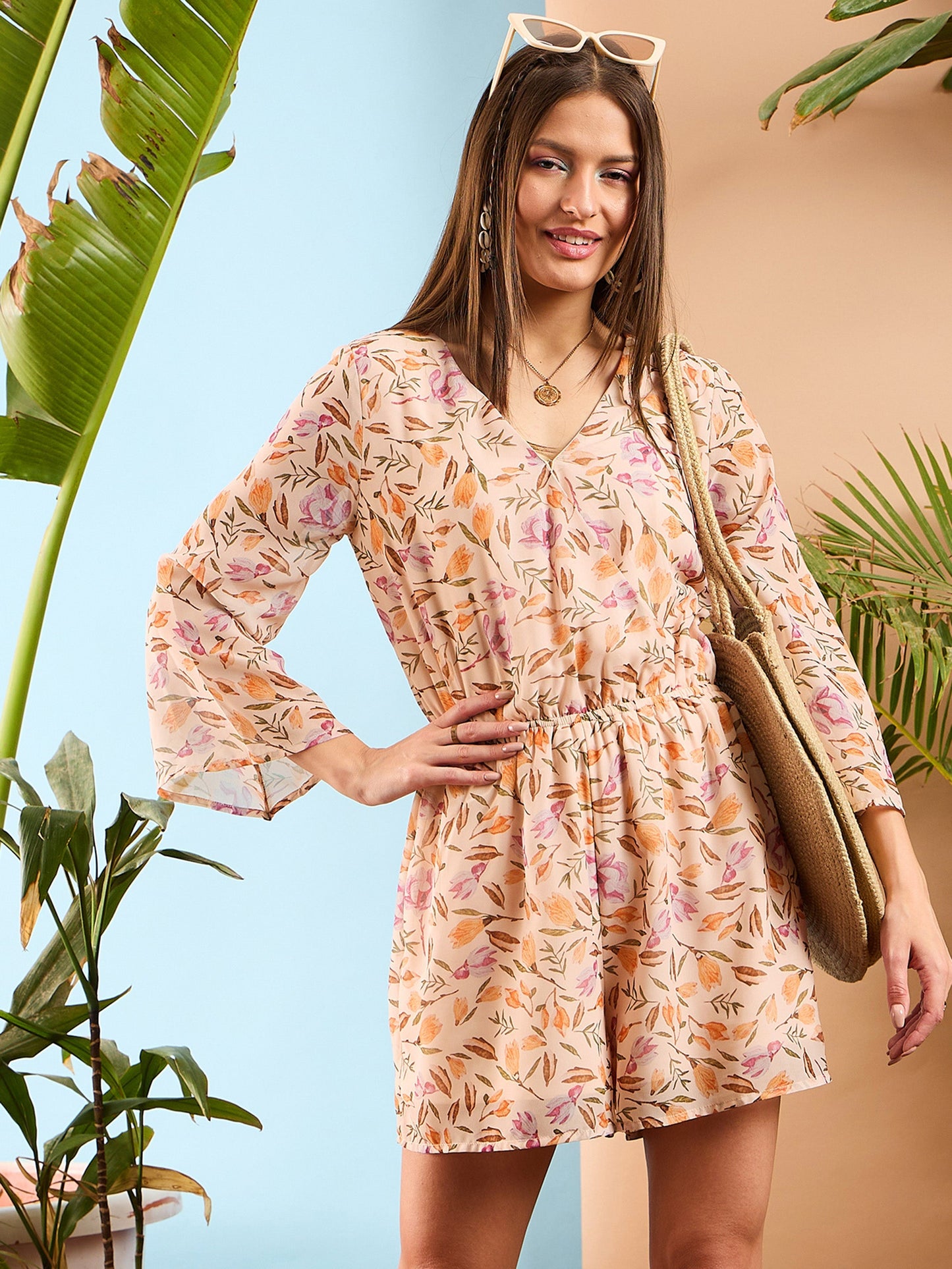 Peach Floral Wrap Romper