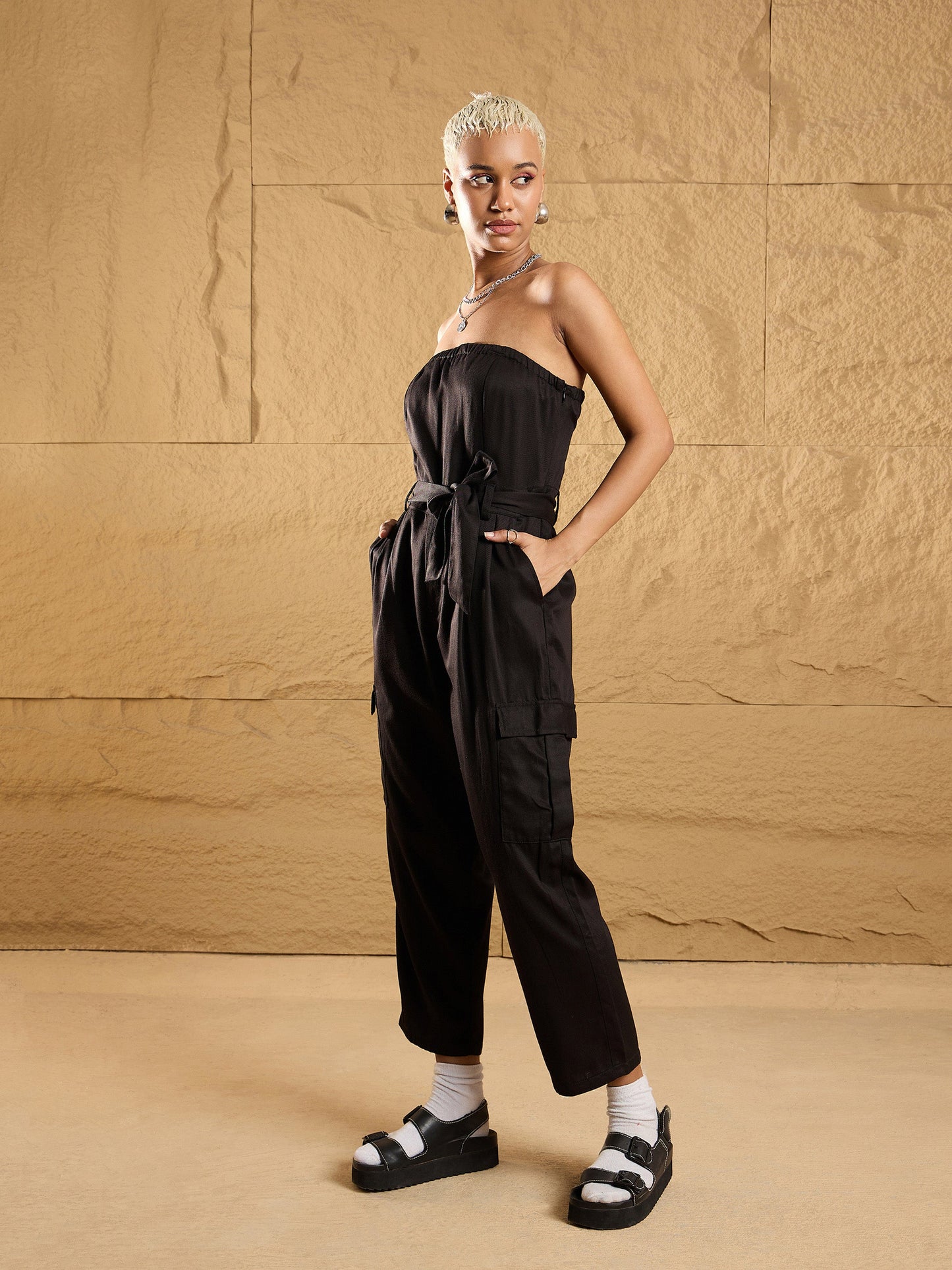 Black Twill Off-Shoulder Jumpsuit