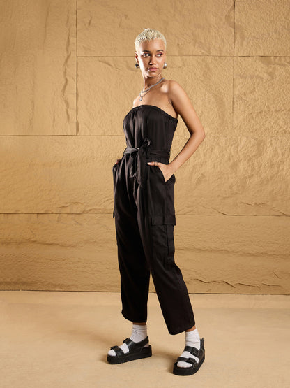 Black Twill Off-Shoulder Jumpsuit