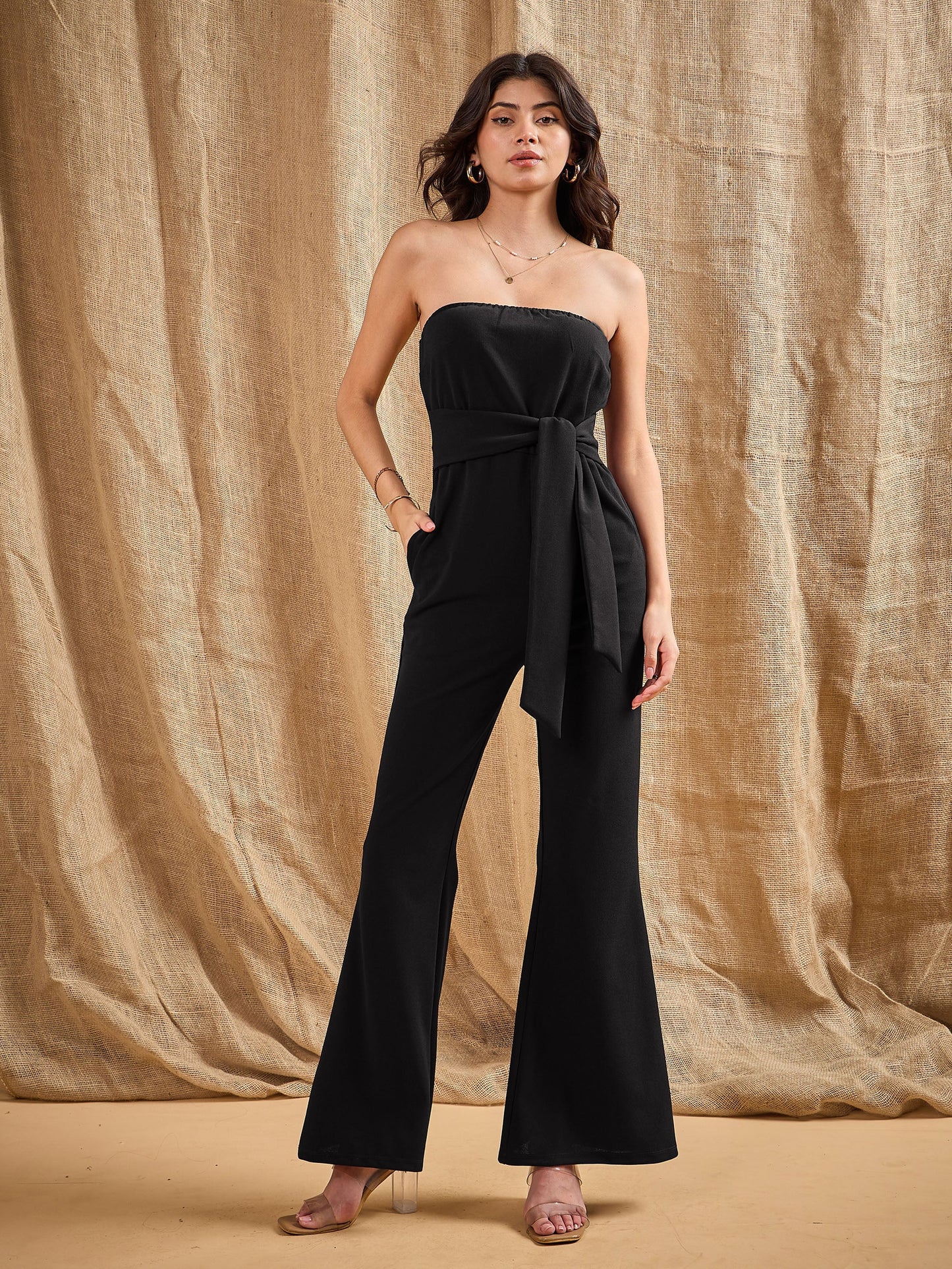 Black Off-Shoulder Belted Jumpsuit