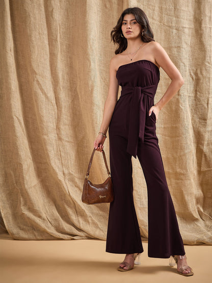 Burgundy Off-Shoulder Belted Jumpsuit