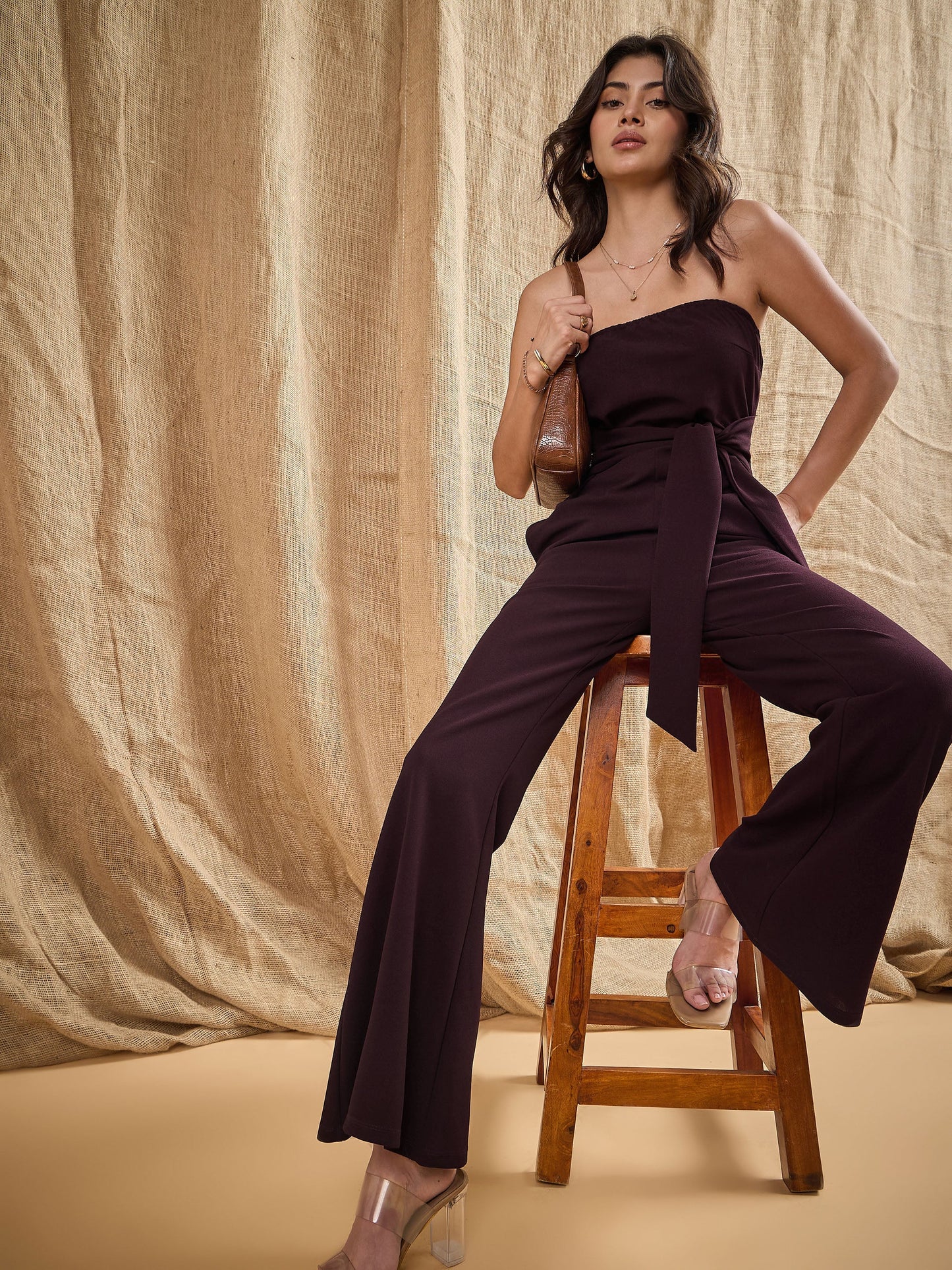 Burgundy Off-Shoulder Belted Jumpsuit