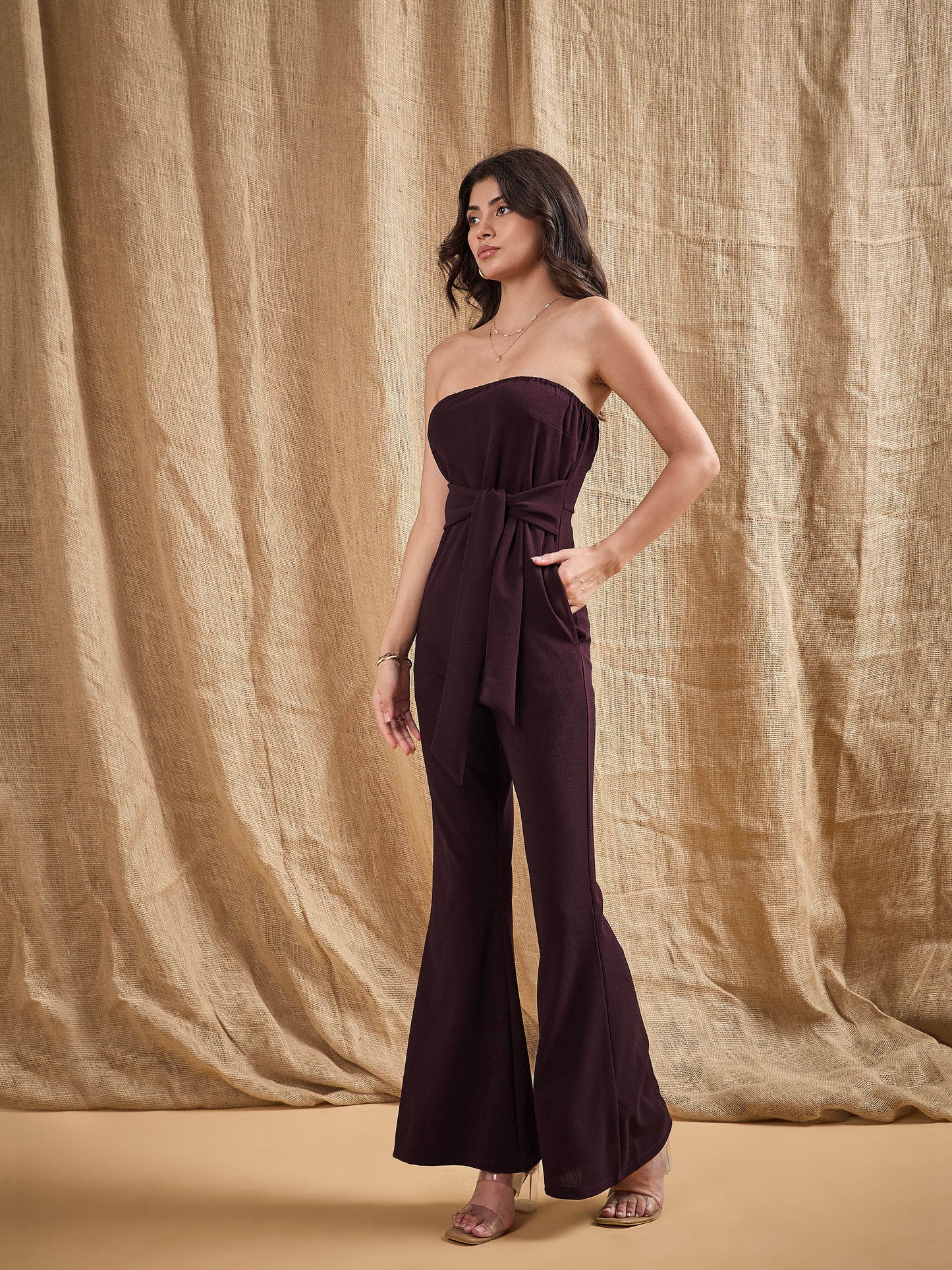Burgundy Off-Shoulder Belted Jumpsuit