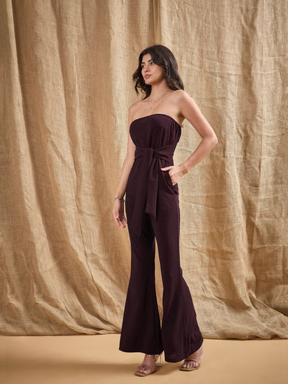 Burgundy Off-Shoulder Belted Jumpsuit