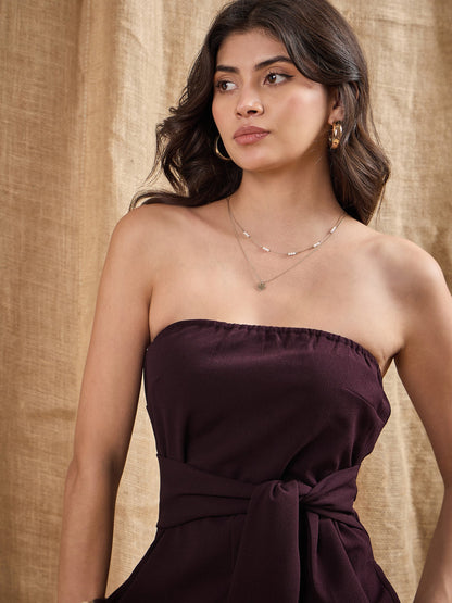 Burgundy Off-Shoulder Belted Jumpsuit