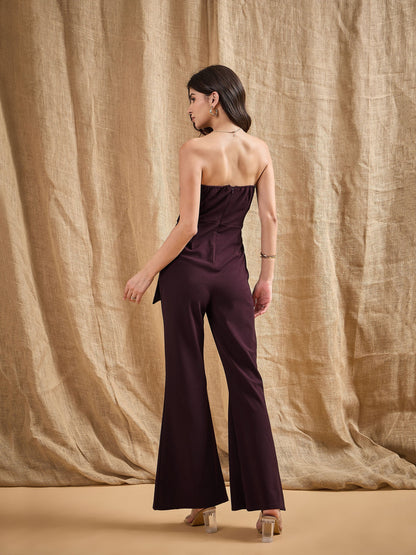Burgundy Off-Shoulder Belted Jumpsuit