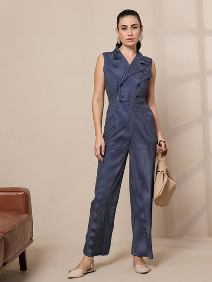 Navy Striped Notch Collar Jumpsuit