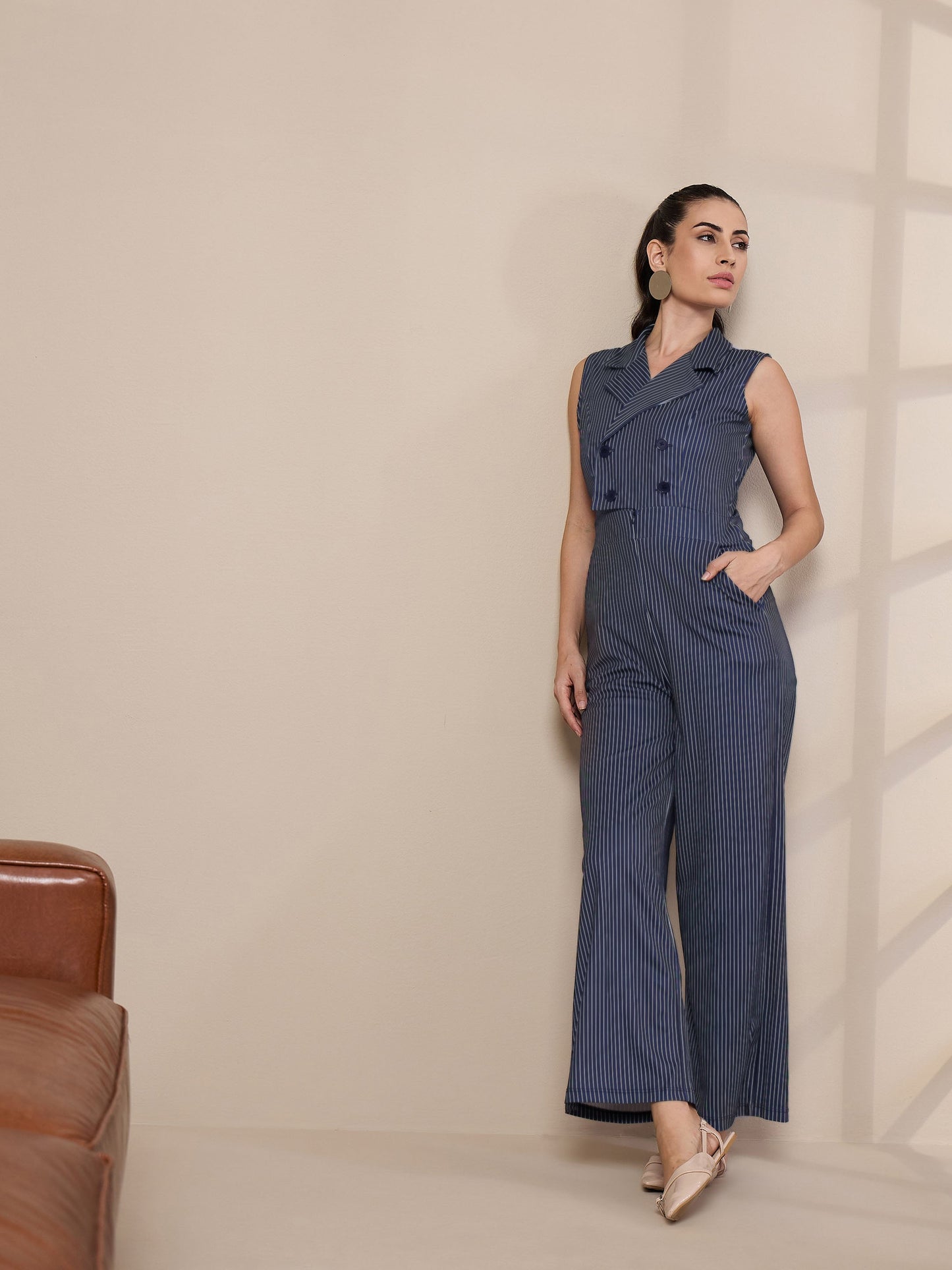 Navy Striped Notch Collar Jumpsuit