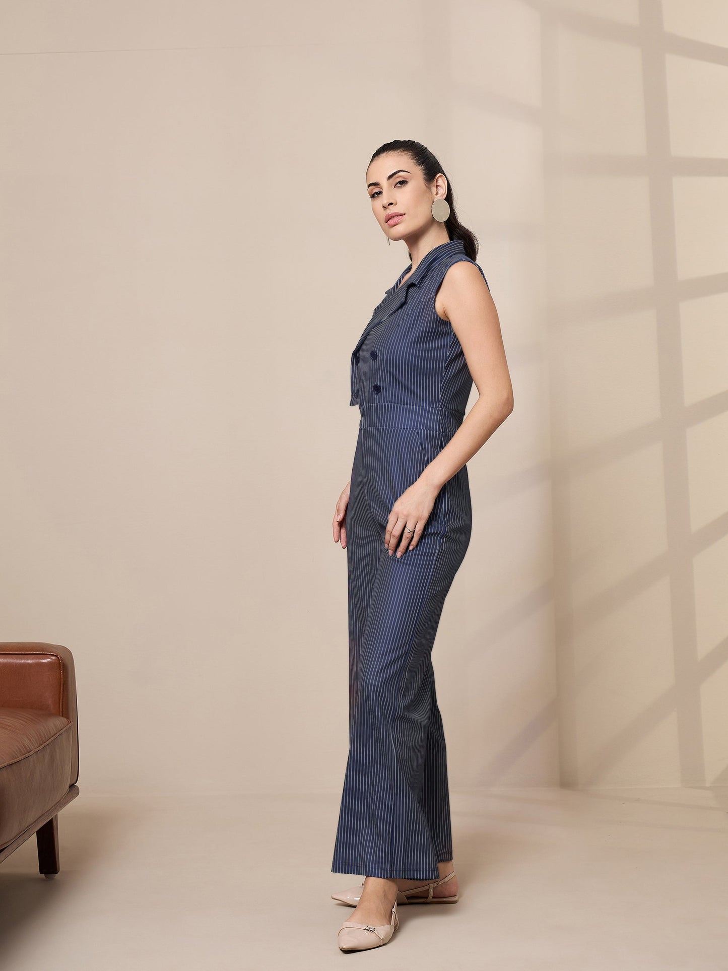 Navy Striped Notch Collar Jumpsuit