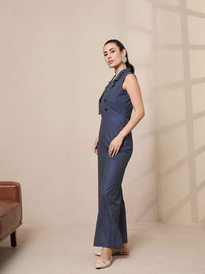 Navy Striped Notch Collar Jumpsuit