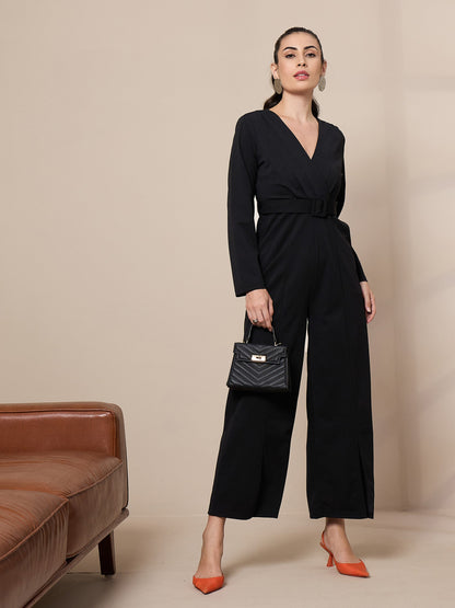 Black V-Neck Belted Jumpsuit