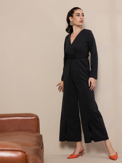 Black V-Neck Belted Jumpsuit