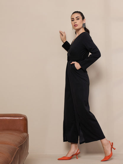 Black V-Neck Belted Jumpsuit