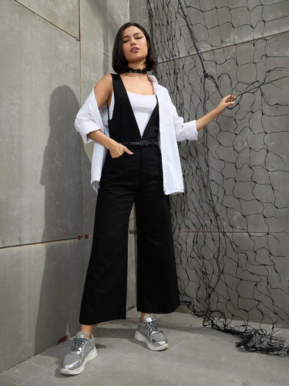 Women's Women Jet Black Deep V-Neck Denim Flared Leg Jumpsuit in Cotton by Sassafras for wholesale, bulk, supplier, manufacturer and wholesaler buyers from Trendphoria