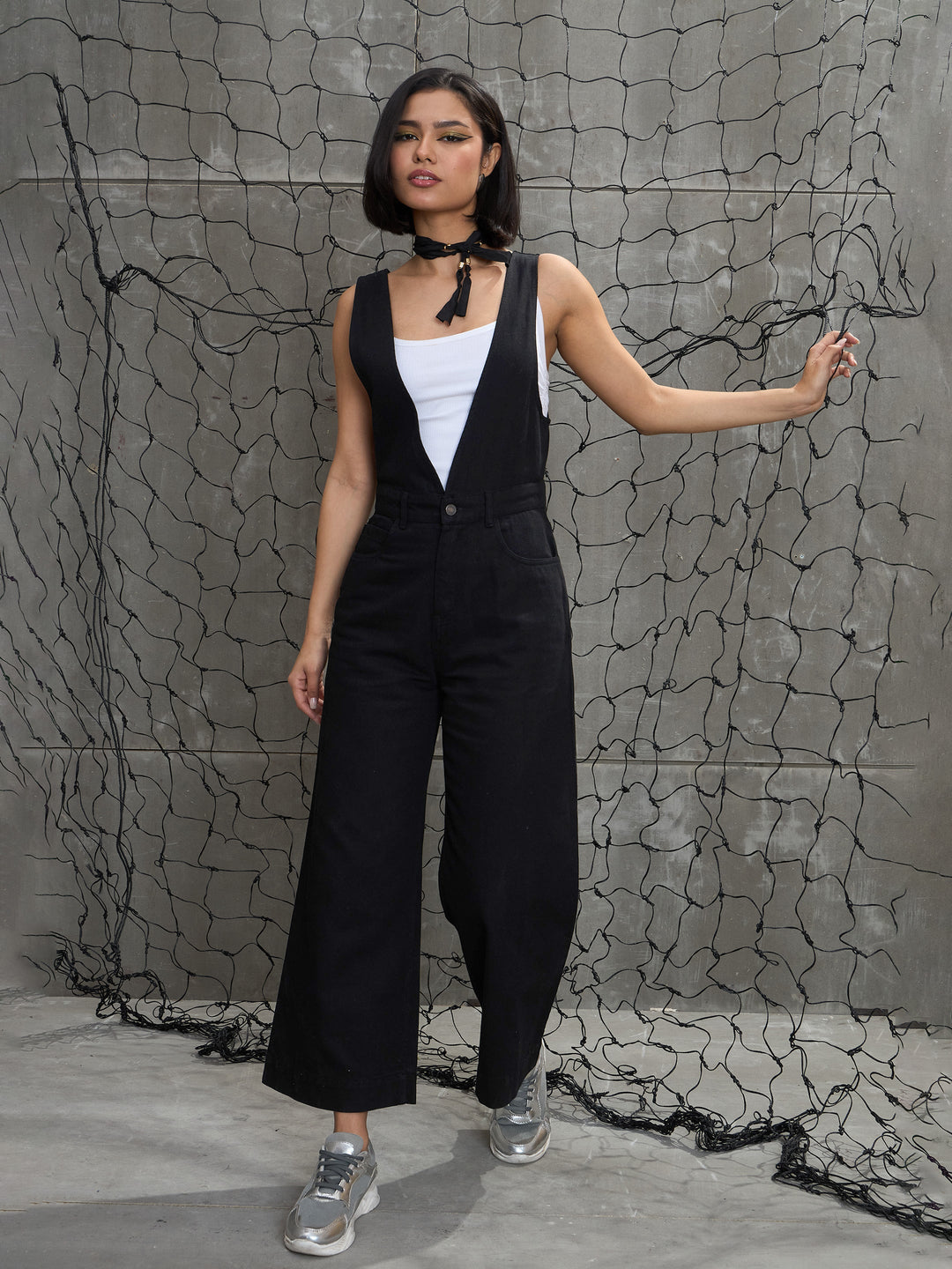 Women Jet Black Deep V-Neck Denim Flared Leg Jumpsuit