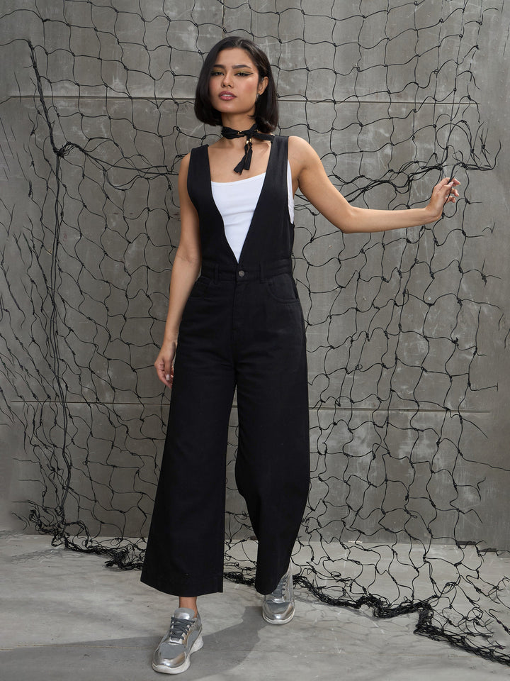 Women Jet Black Deep V-Neck Denim Flared Leg Jumpsuit