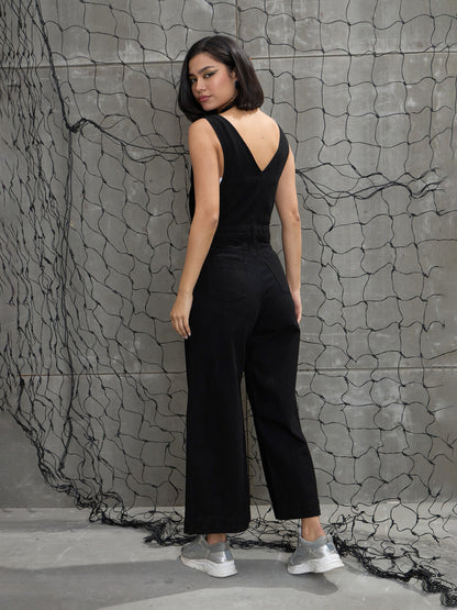 Women Jet Black Deep V-Neck Denim Flared Leg Jumpsuit