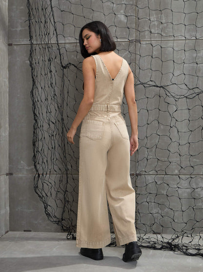 Women Beige Deep V-Neck Denim Flared Leg Jumpsuit