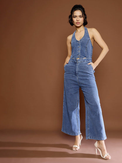 Women Blue Blast Denim Halter Neck Jumpsuit